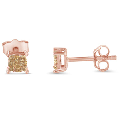 Close-up front and side view of rose metal stud earrings with square cluster of princess-shaped white gemstones in invisible setting.