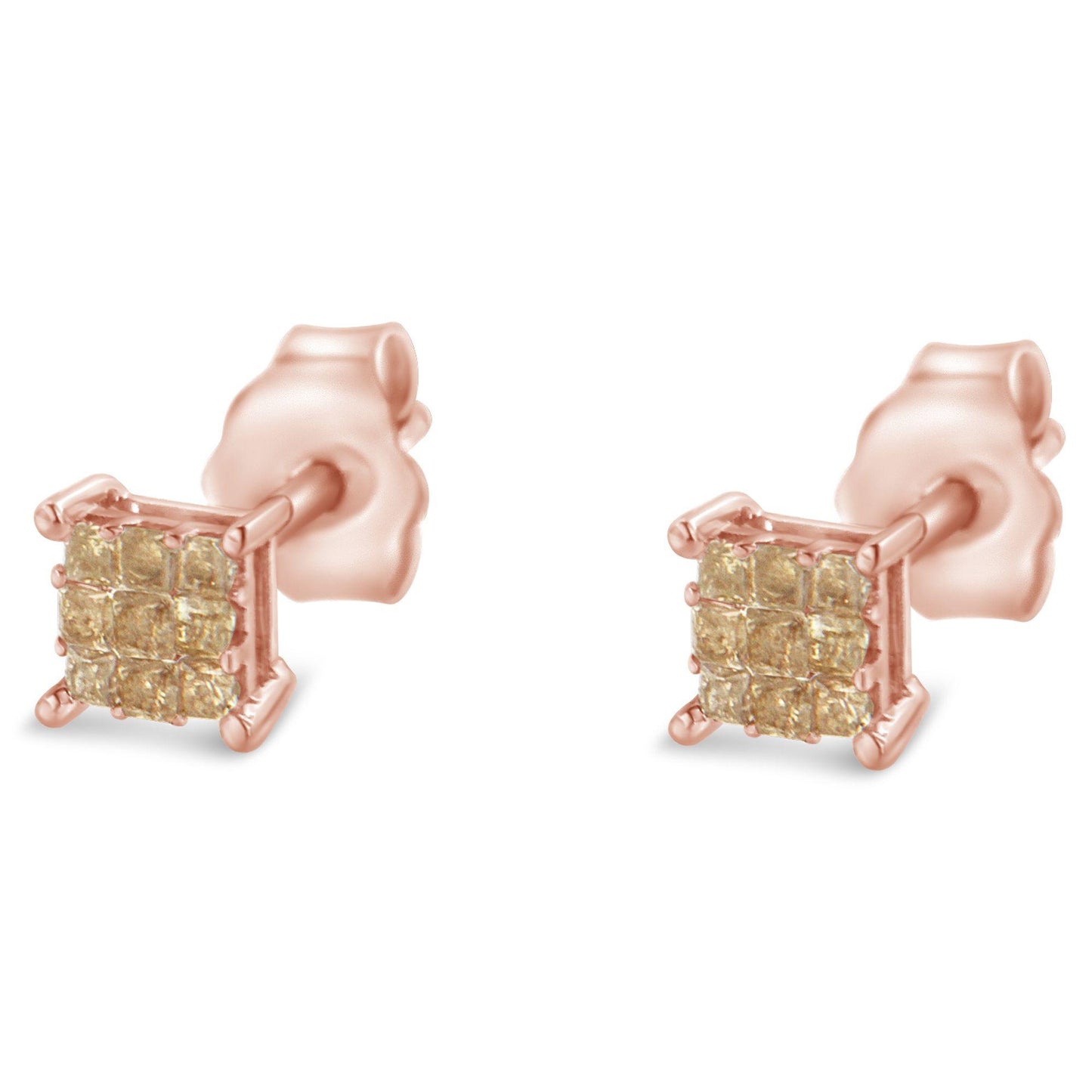 Pair of rose metal stud earrings with square cluster of white gemstones in invisible setting, front angle.