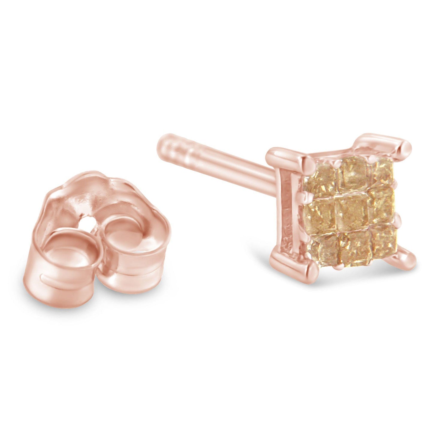 Close-up side angle of a single rose-colored stud earring with multiple white square gemstones in an invisible setting, with a separate rose-colored earring back shown next to it.