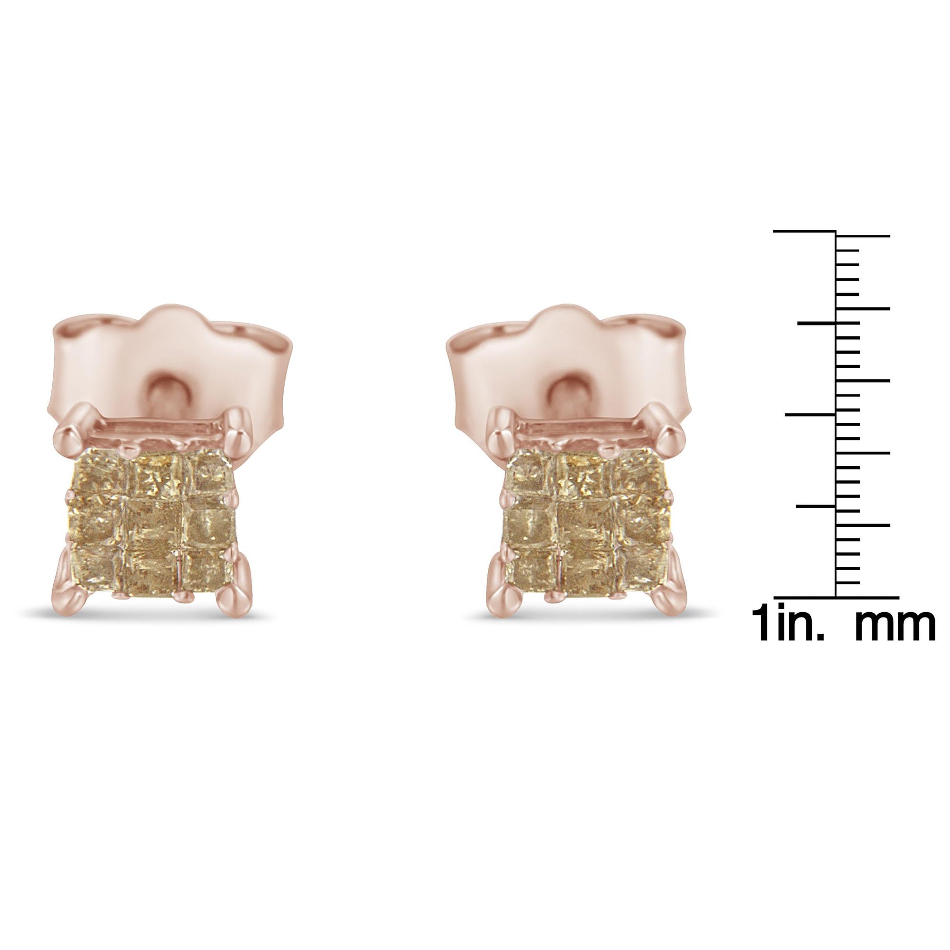 Front view of rose metal square stud earrings with multiple small white gemstones in invisible setting, shown on a ruler for size reference.