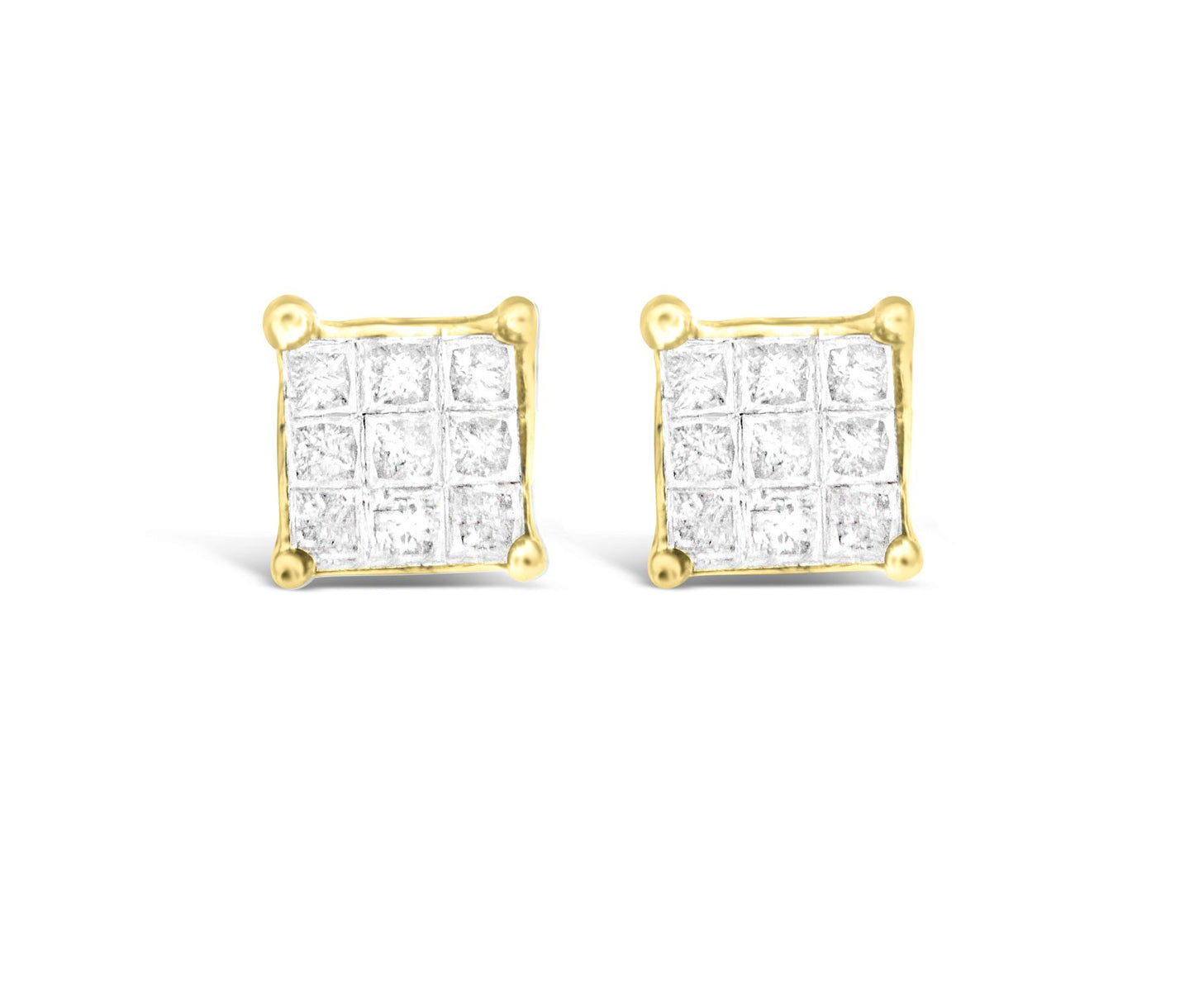 Front angle view of yellow metal square earrings with multiple white gemstones in an invisible setting.