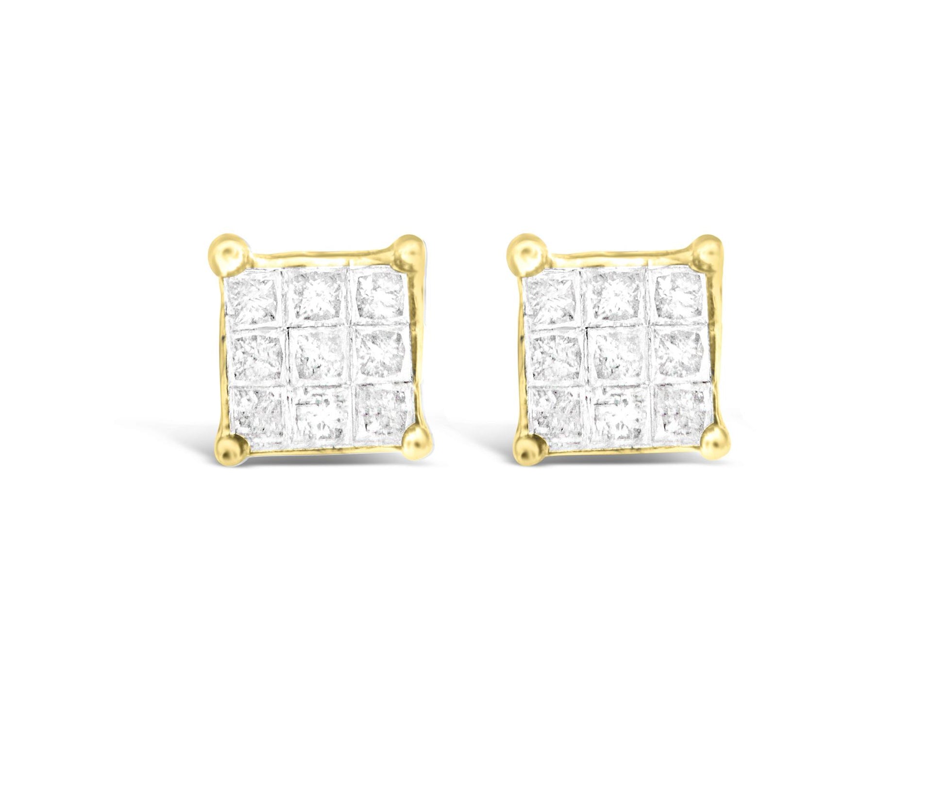 Front angle view of yellow metal square earrings with multiple white gemstones in an invisible setting.