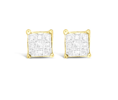 Front angle view of yellow metal square earrings with multiple white gemstones in an invisible setting.