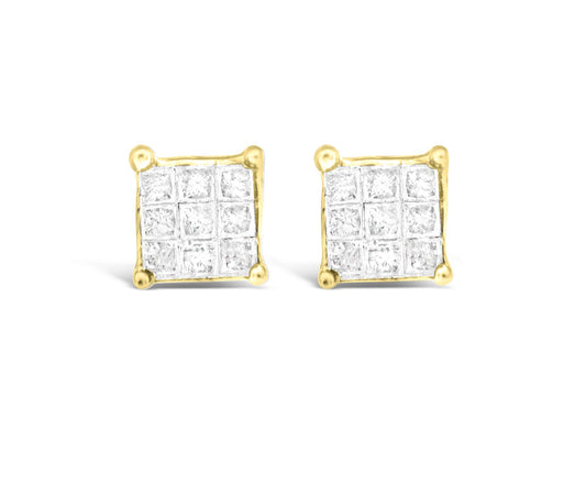 Front angle view of yellow metal square earrings with multiple white gemstones in an invisible setting.