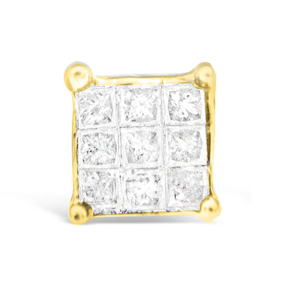 Close-up front view of a square-shaped yellow metal earring featuring multiple princess-shaped white gemstones in an invisible setting.