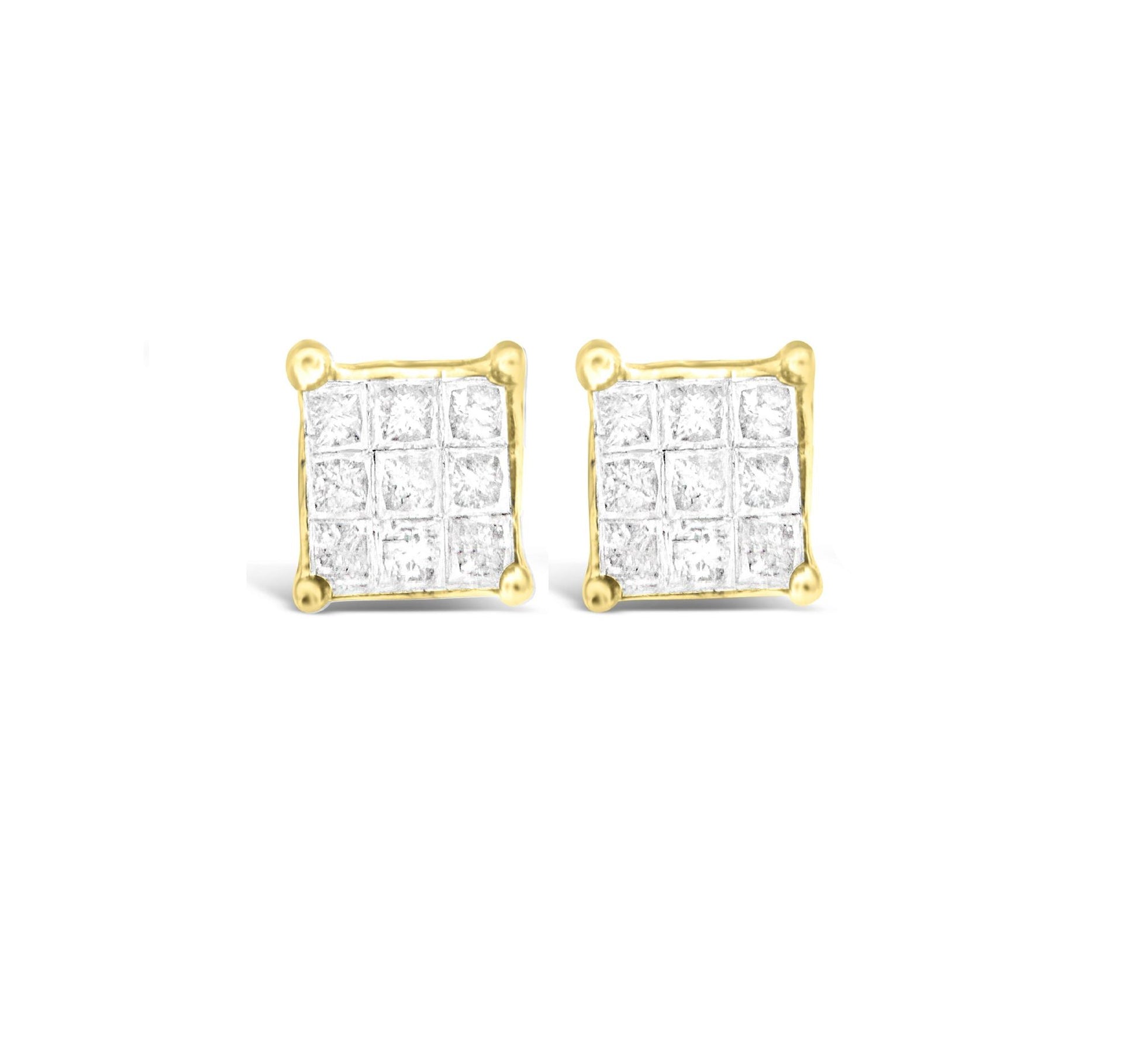 Front view of yellow metal square earrings with multiple white princess-shaped gemstones in an invisible setting.