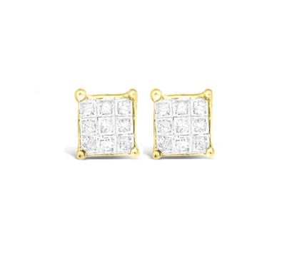 Front view of yellow metal square earrings with multiple white princess-shaped gemstones in an invisible setting.
