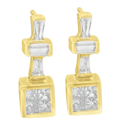 Front-facing view of yellow metal earrings with white baguette and princess shape gemstones in channel and invisible settings.