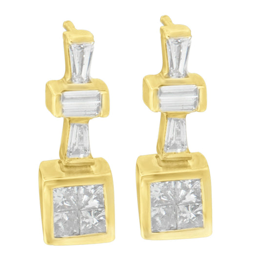 Front-facing view of yellow metal earrings with white baguette and princess shape gemstones in channel and invisible settings.