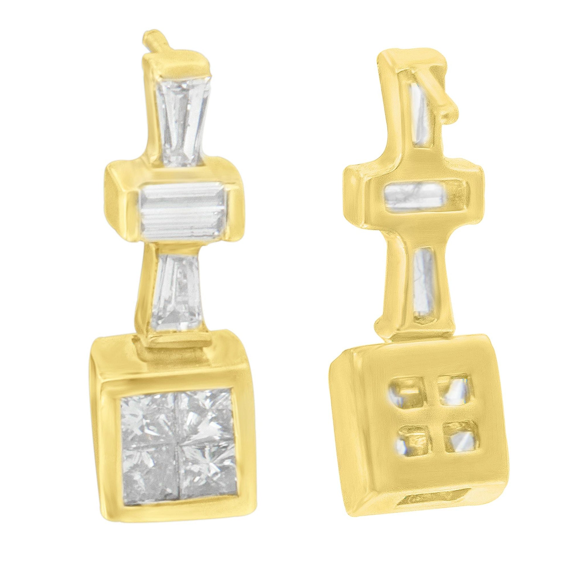 Front and back views of yellow metal earrings with white gemstones in baguette and princess shapes, shot against a white background.