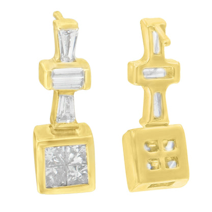 Front and back views of yellow metal earrings with white gemstones in baguette and princess shapes, shot against a white background.