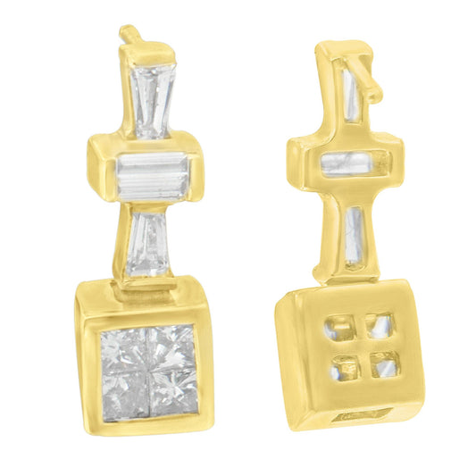 Front and back views of yellow metal earrings with white gemstones in baguette and princess shapes, shot against a white background.