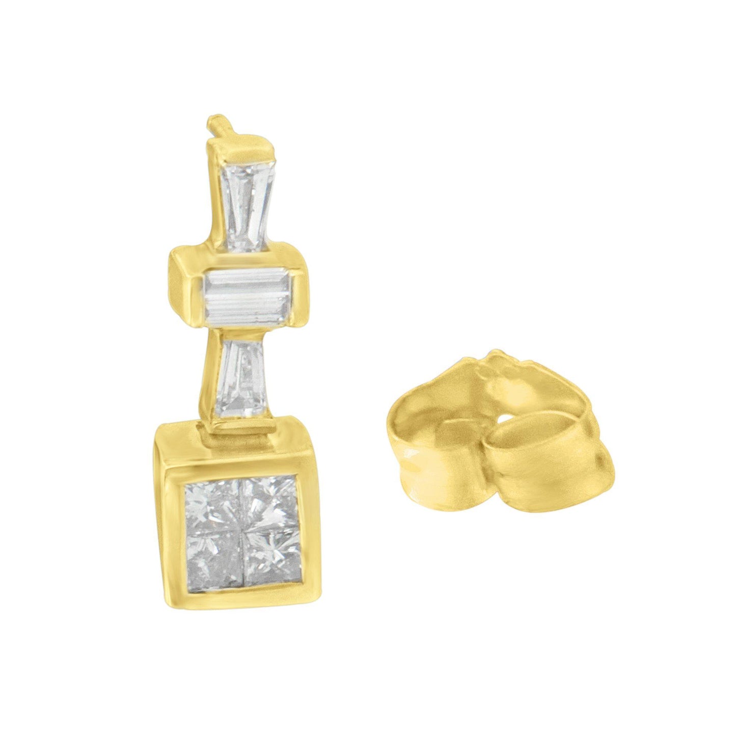 Close-up front angle of a yellow metal earring featuring white baguette-shaped gemstones in channel setting and white princess-shaped gemstones in invisible setting, with the earring back shown beside it.