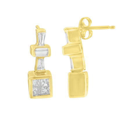Close-up front and side view of yellow metal earrings featuring white gemstones in baguette shape with channel setting and princess shape with invisible setting.