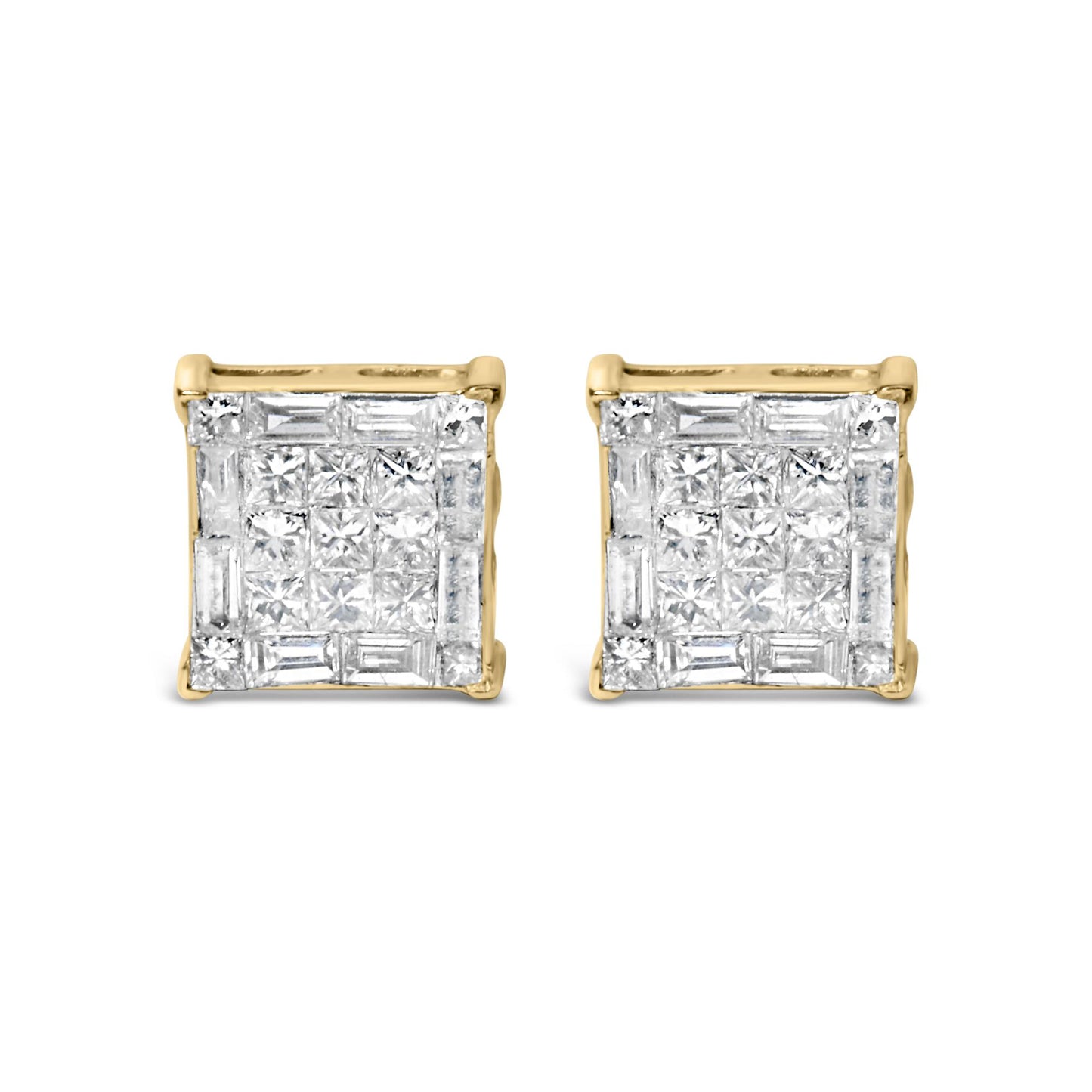 Front-facing shot of a pair of yellow metal square earrings featuring white baguette and princess shaped gemstones with invisible settings.