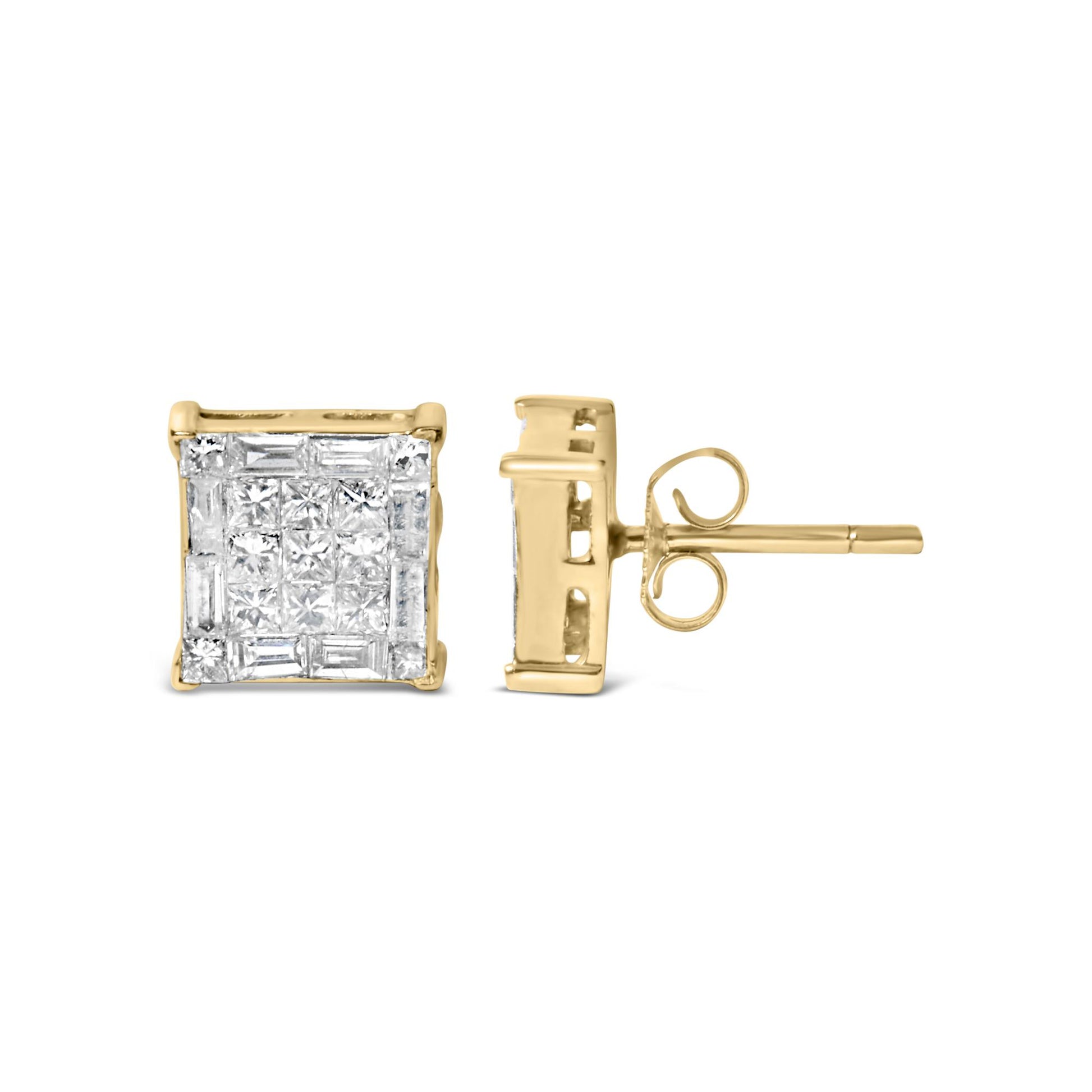 Front and side views of square yellow metal stud earrings with white baguette and princess-shaped gemstones in invisible settings.