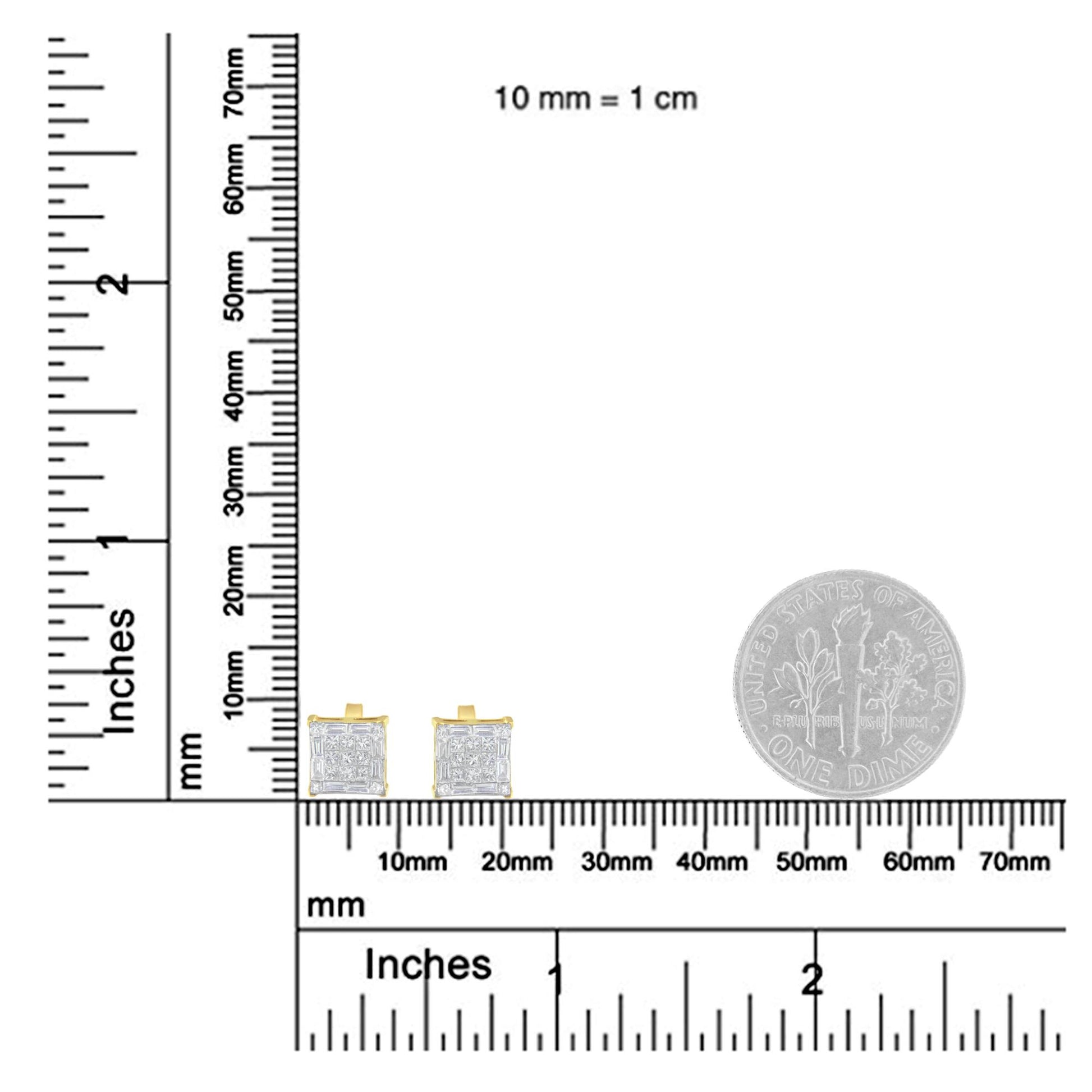 Pair of yellow metal square earrings with white baguette and princess shape gemstones in invisible setting, shown on a ruler and scale for size reference, front view.