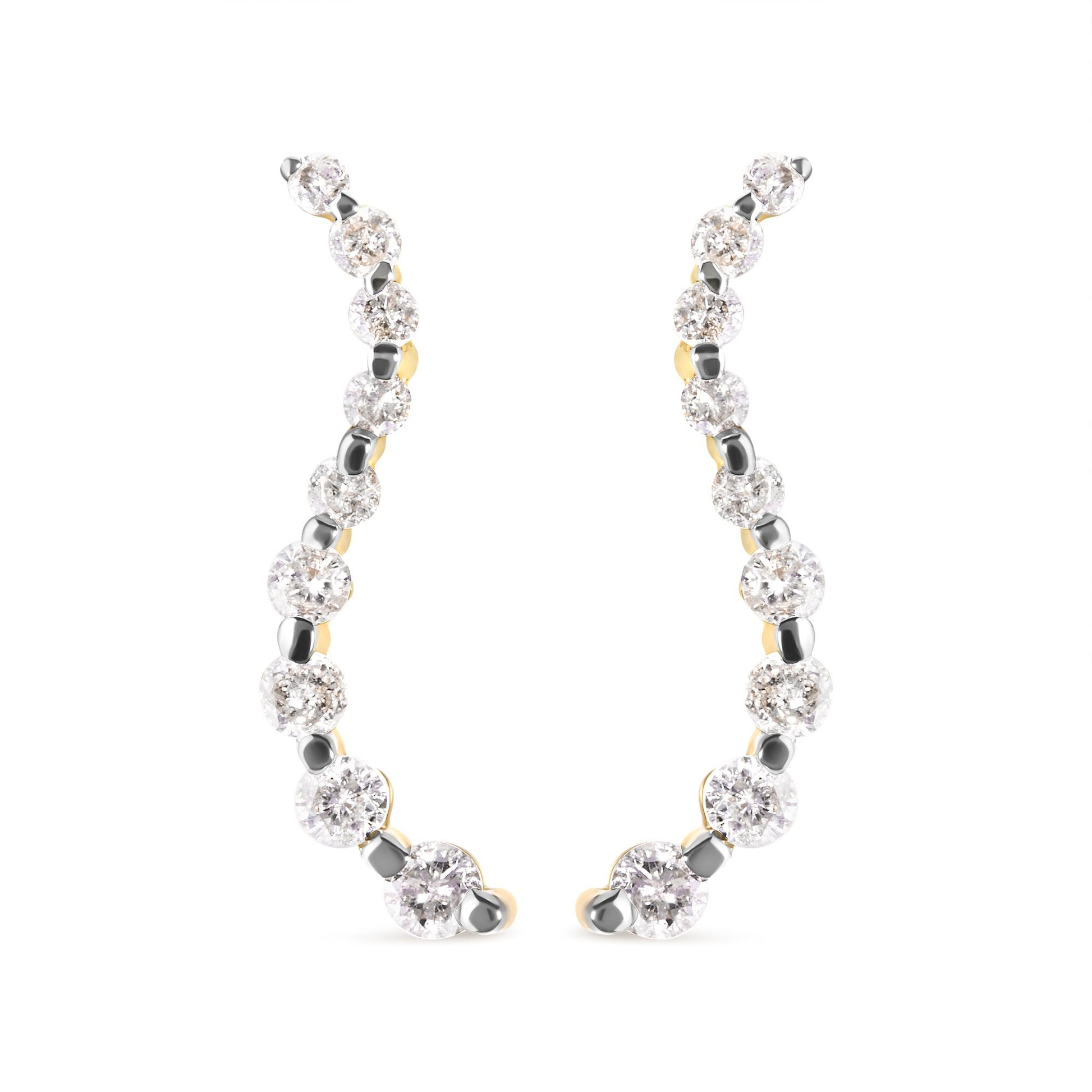 Front view of a pair of yellow metal earrings with a curved design, featuring prong-set white round gemstones.