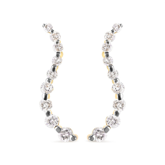 Front view of a pair of yellow metal earrings with a curved design, featuring prong-set white round gemstones.