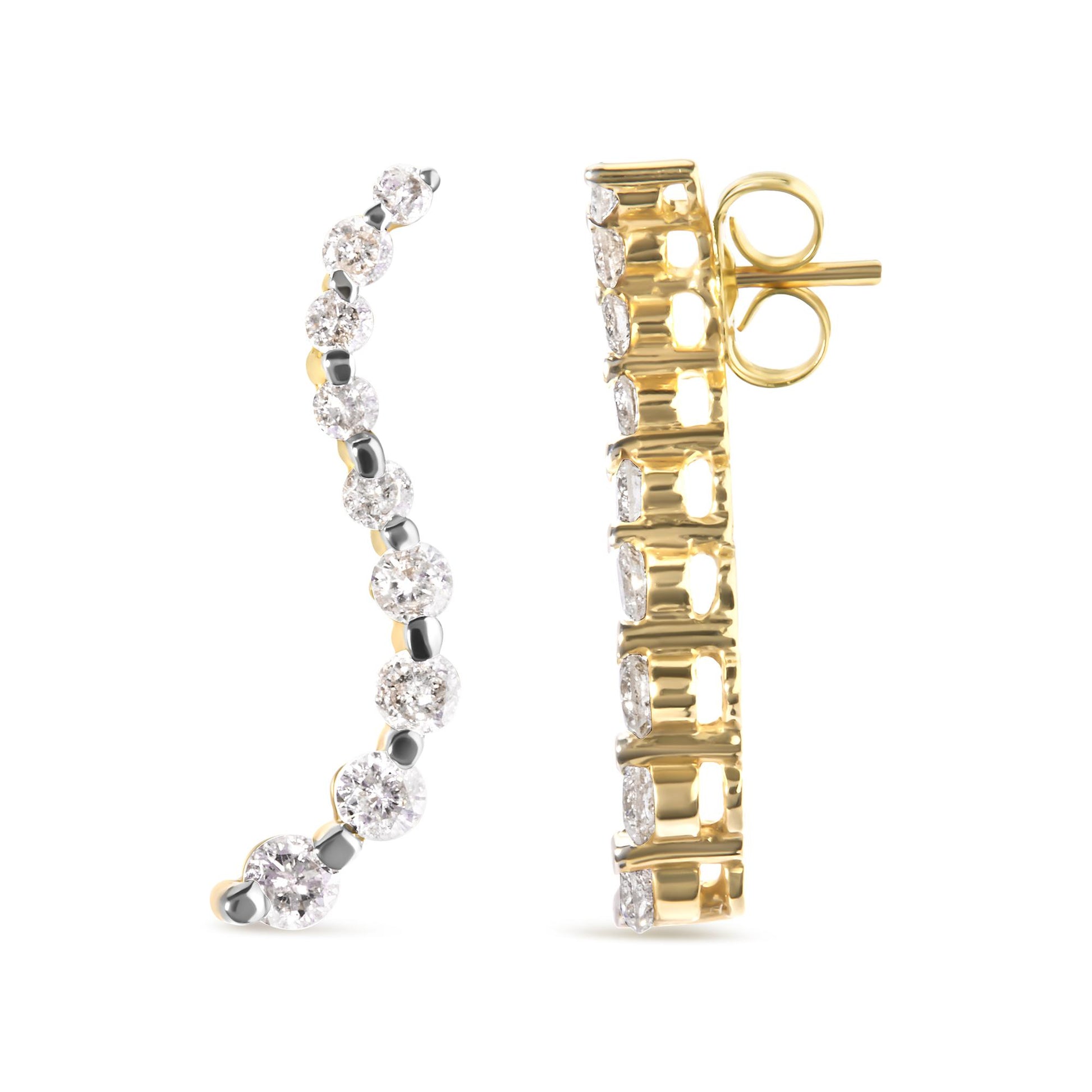 Pair of yellow metal earrings with curved design, set with round white gemstones in prong settings, shown from front and side angles on white background.