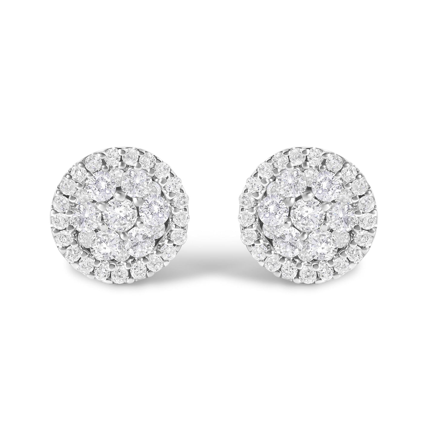 Front-facing view of a pair of white metal round stud earrings, each featuring multiple small white gemstones in shared prong and tension settings forming a clustered circular design.