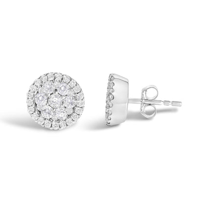 Front and side view of round white metal stud earrings with multiple white gemstones set in tension and shared prong settings.