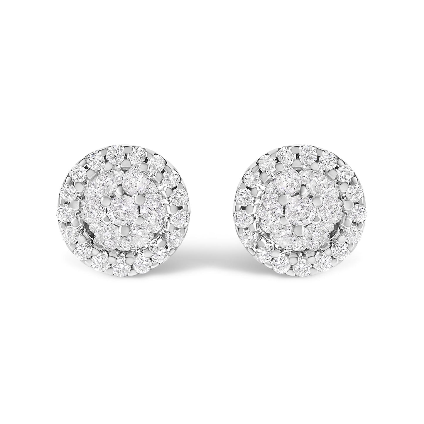 Pair of white metal round stud earrings with clustered white gemstones in prong setting, front angle view.