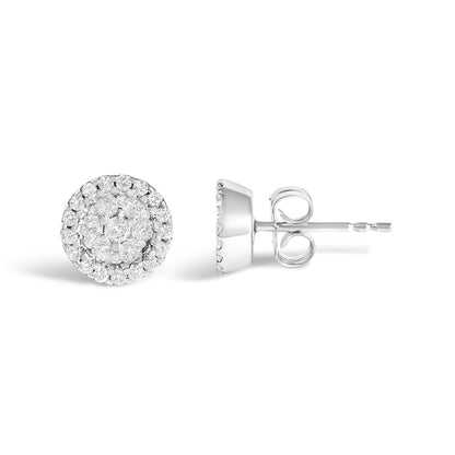 Front view of round white gemstone cluster earrings in white metal.
