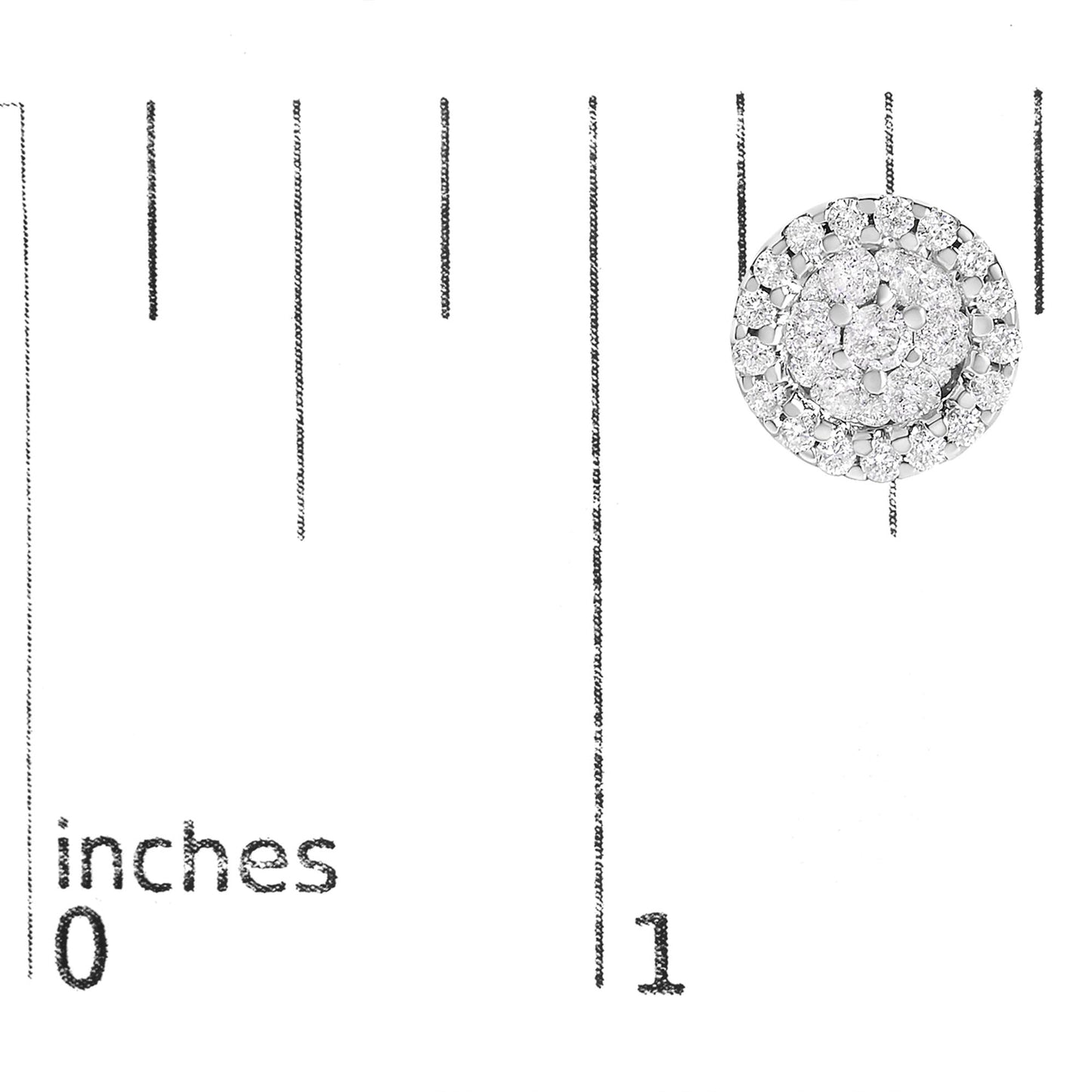 Front view of round white metal stud earrings with multiple prong-set white gemstones, shown next to a ruler for size reference.
