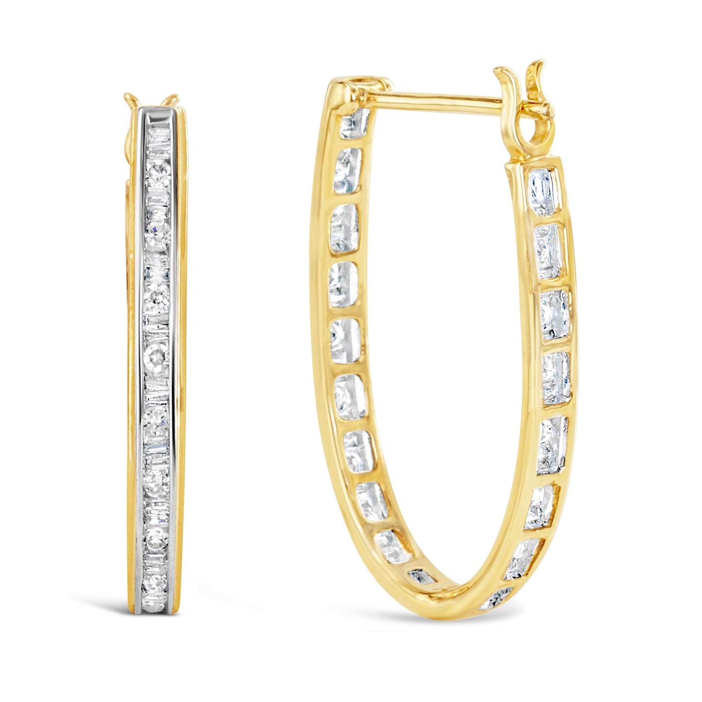 Close-up front and side view of yellow metal hoop earrings featuring round and baguette white gemstones in prong and channel settings.