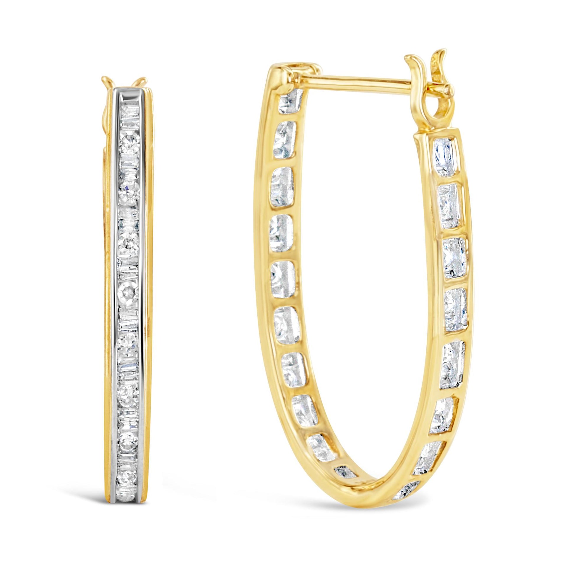 Close-up front and side view of yellow metal hoop earrings featuring round and baguette white gemstones in prong and channel settings.