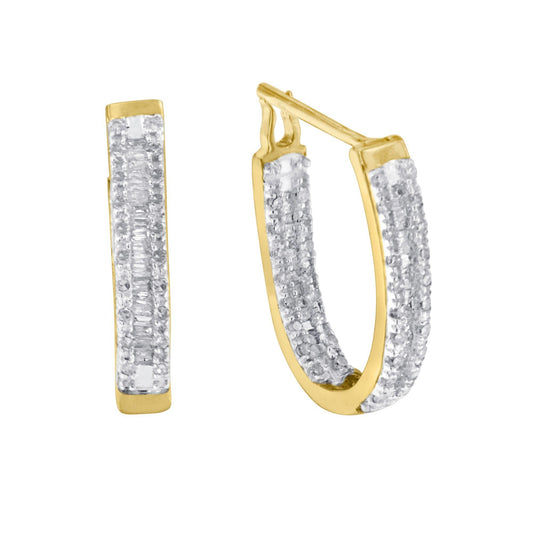 Pair of yellow metal earrings with rows of white round prong-set gemstones and white baguette channel-set gemstones, shown from front and angled side views.