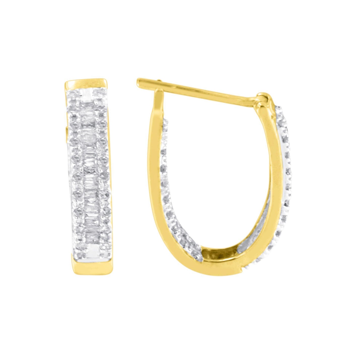 Close-up front and side view of yellow metal hoop earrings with white round and baguette gemstones in prong and channel settings.
