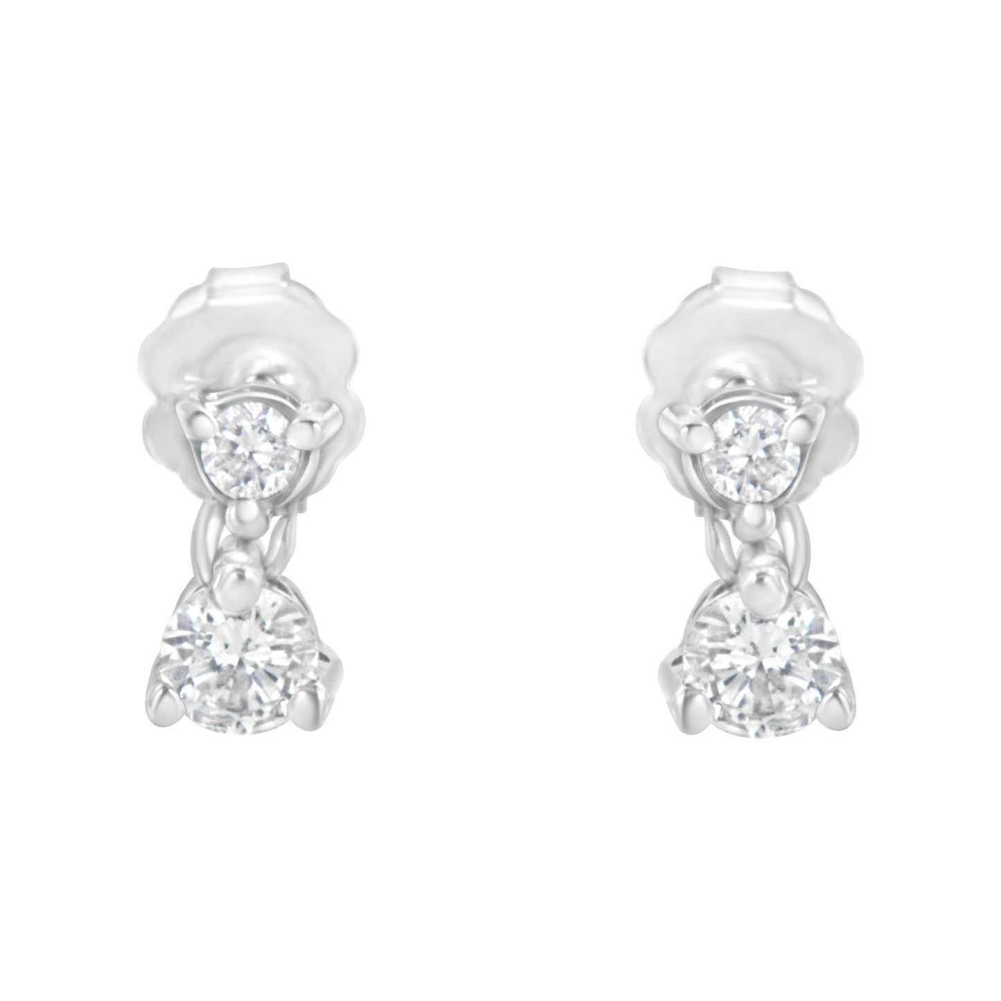 Front view of a pair of white metal earrings each featuring two round white gemstones in prong settings.