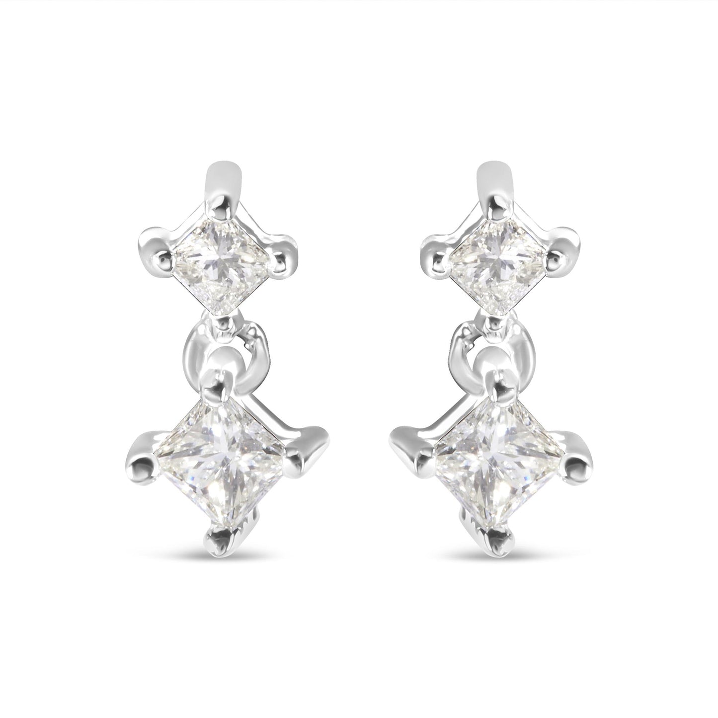 Front view of a pair of white metal earrings with two princess-shaped white gemstones in prong settings connected by a small link.