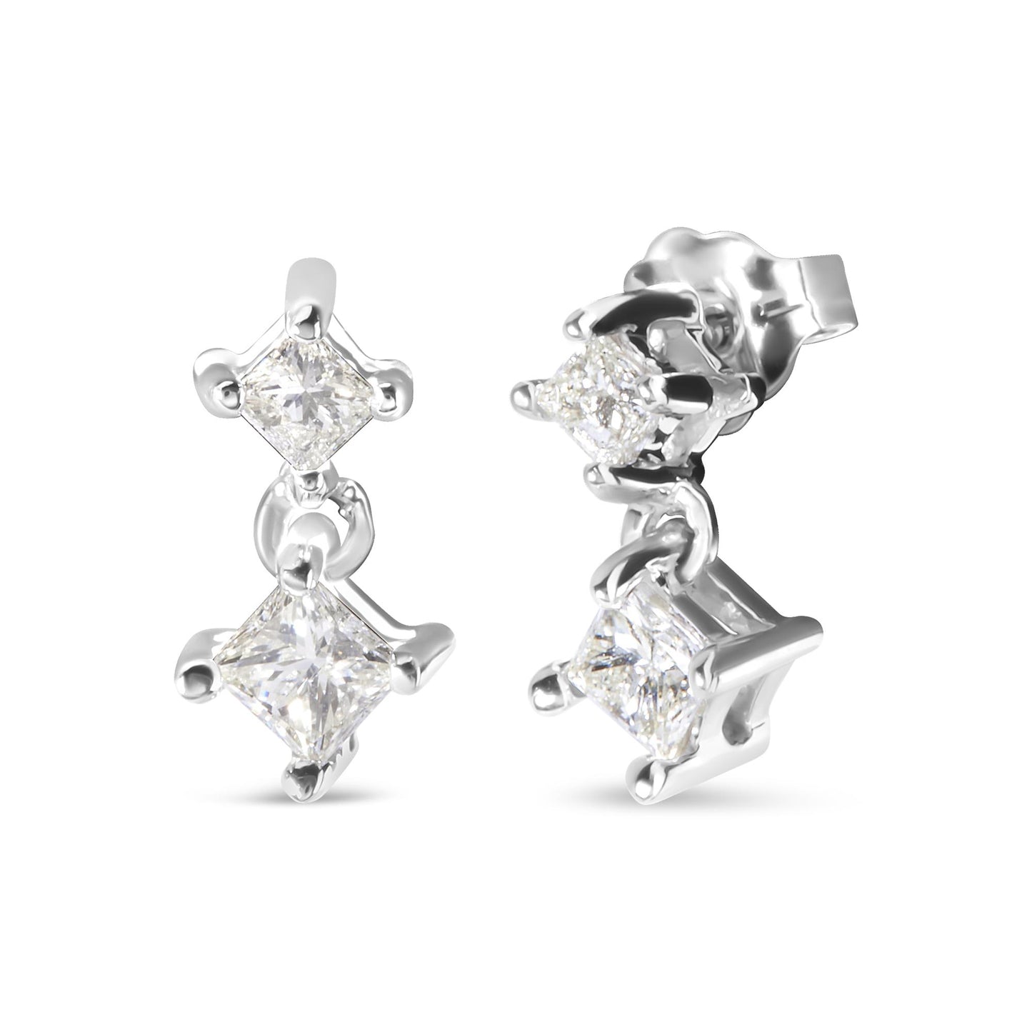 Close-up image of white metal earrings with two hanging princess-shaped white gemstones in prong settings, shown from front and side angles.