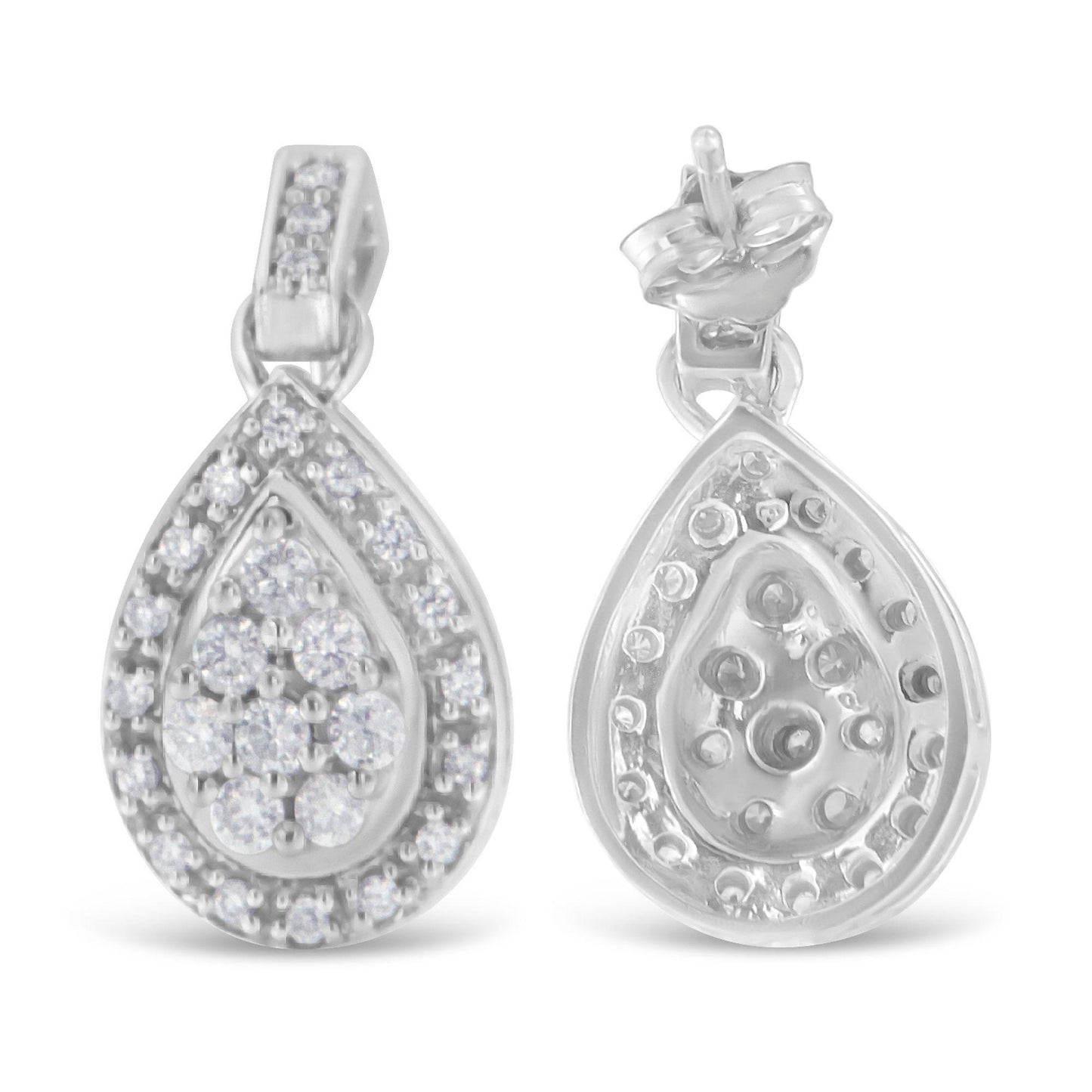 Front and back view of white metal teardrop-shaped earrings with round white gemstones in prong settings, photographed from the front.