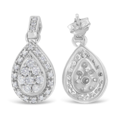 Front and back view of white metal teardrop-shaped earrings with round white gemstones in prong settings, photographed from the front.