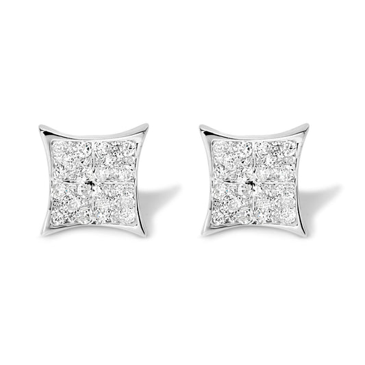 Pair of white metal square earrings with clusters of round white gemstones in prong settings, shown from a front angle.