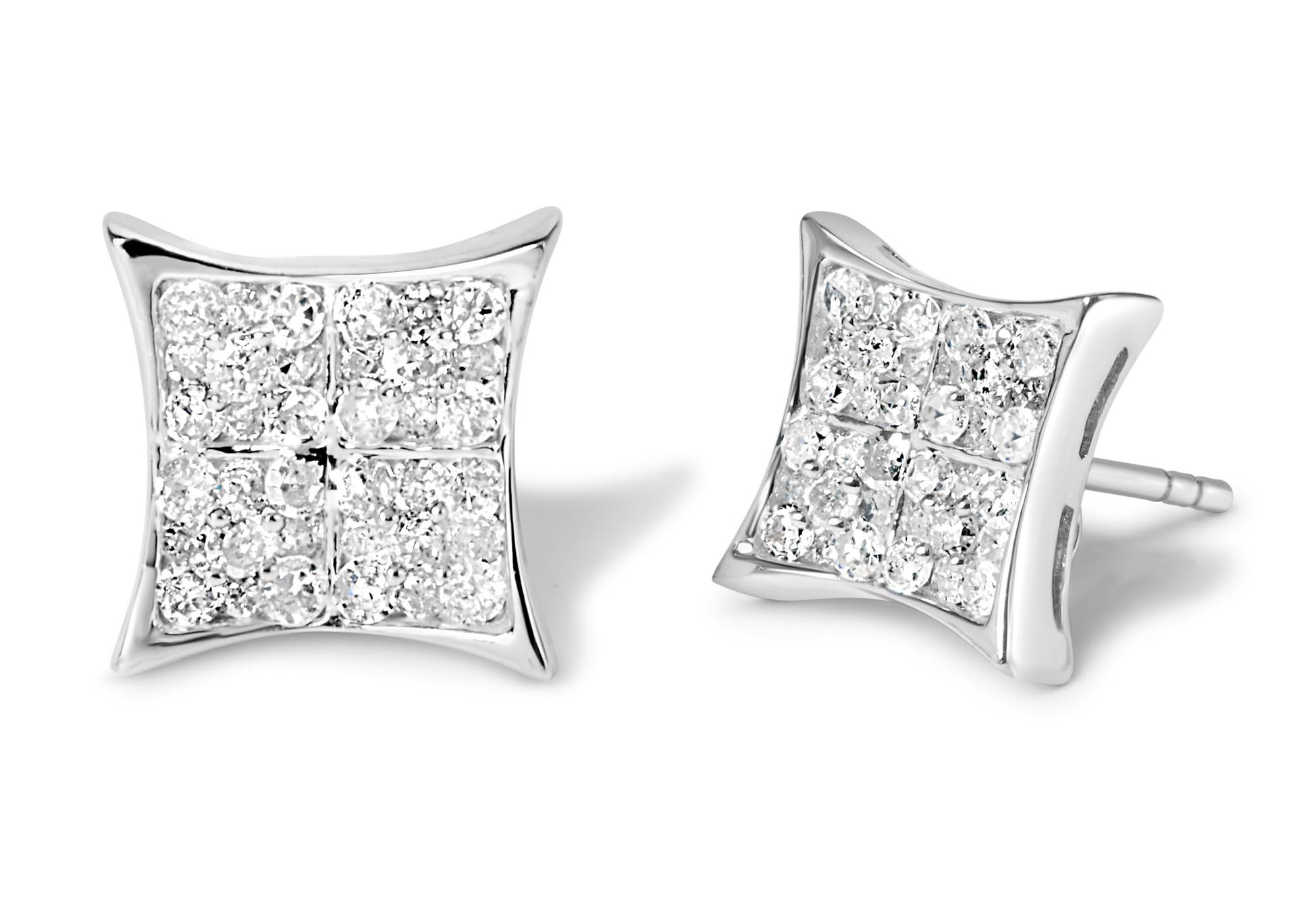 Pair of white metal square-shaped earrings viewed from front and side angles, each featuring clusters of round white gemstones in prong settings.