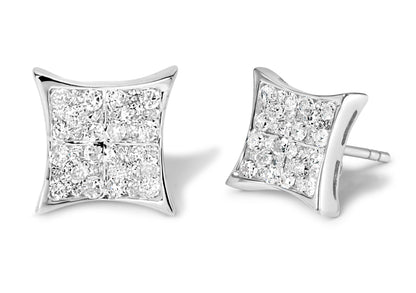 Pair of white metal square-shaped earrings viewed from front and side angles, each featuring clusters of round white gemstones in prong settings.
