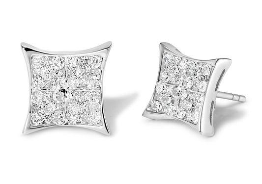 Pair of white metal square-shaped earrings viewed from front and side angles, each featuring clusters of round white gemstones in prong settings.