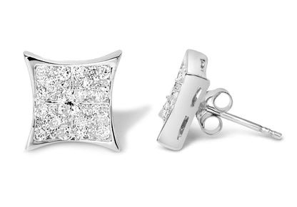 Pair of white metal square-shaped stud earrings with clusters of round white gemstones, shown in a front and side angle on a white background.
