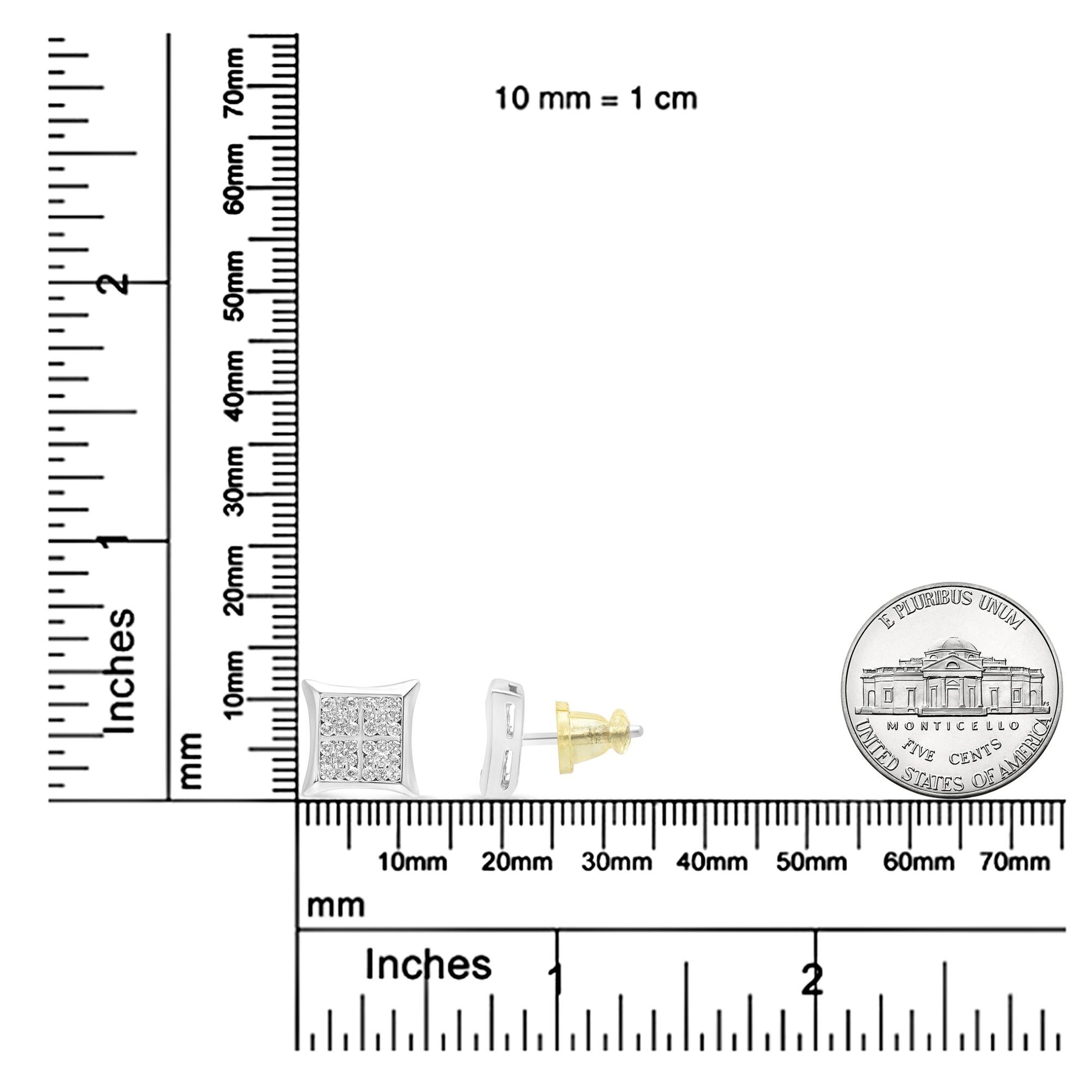 White metal square-shaped stud earrings with clusters of white round gemstones, shown from front and side angles, placed on rulers and next to a coin for size reference.