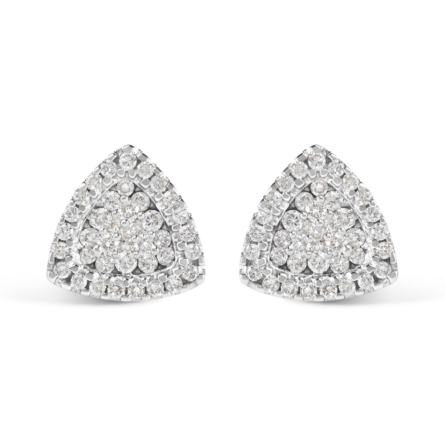 Front view of white metal triangular earrings with multiple round white gemstones in prong settings.