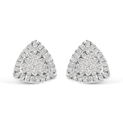 Front view of white metal triangular earrings with multiple round white gemstones in prong settings.