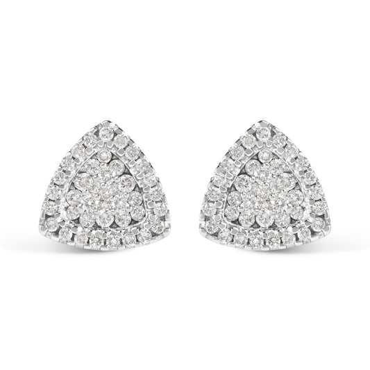 Front view of white metal triangular earrings with multiple round white gemstones in prong settings.