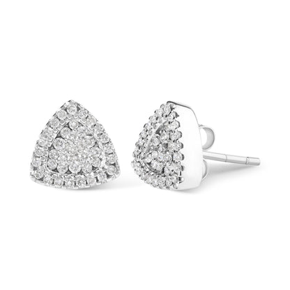 Pair of white metal triangular stud earrings with round white gemstones in prong settings, shown from a front and side angle.