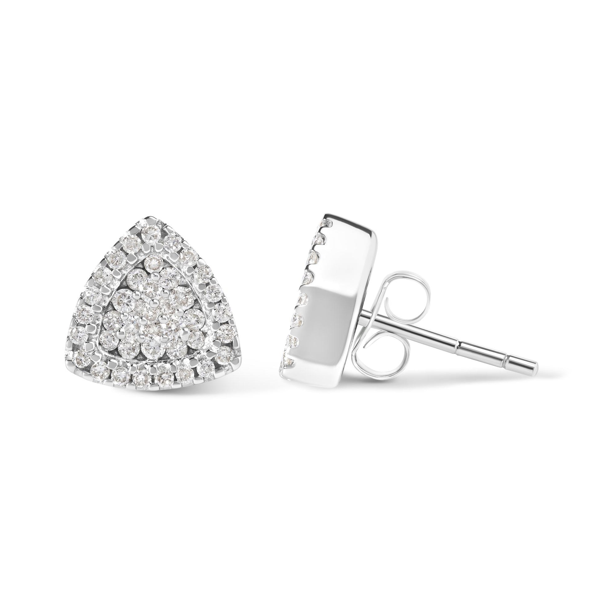 Pair of white metal triangular stud earrings with round white gemstones in prong settings, shown from front and side angles.