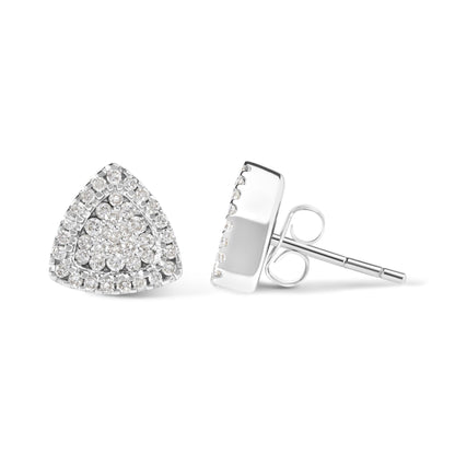 Pair of white metal triangular stud earrings with round white gemstones in prong settings, shown from front and side angles.